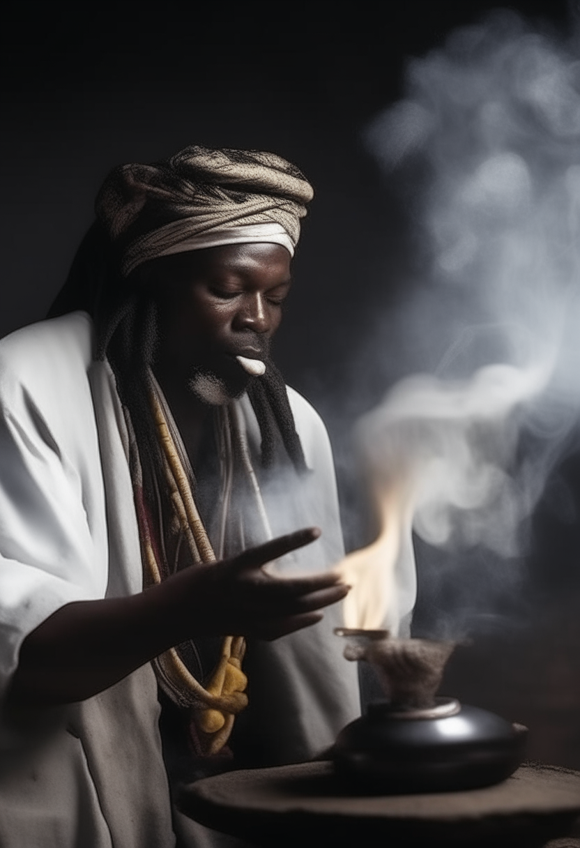 African warlock molding fire in arms. With white smoke around him