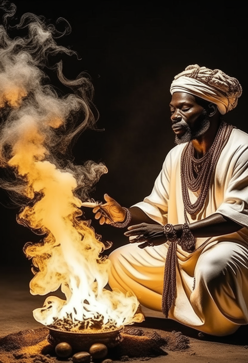 African warlock molding fire in arms. With white smoke around him