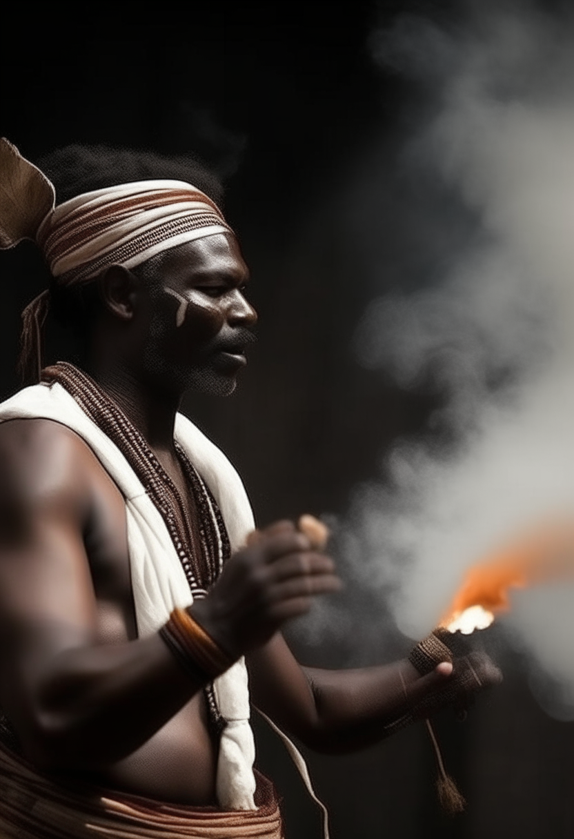 African warlord molding fire in arms. With white smoke around him