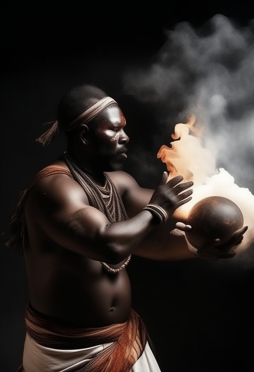 African warlord molding fire ball in arms. With white smoke around him