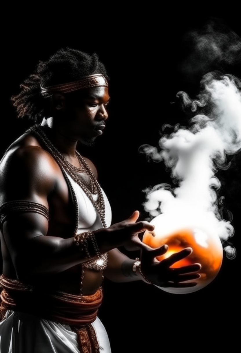 African warlord molding fire ball in arms. With white smoke around him