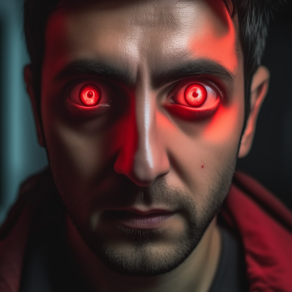 waist up picture of man with red eyes facing camera

