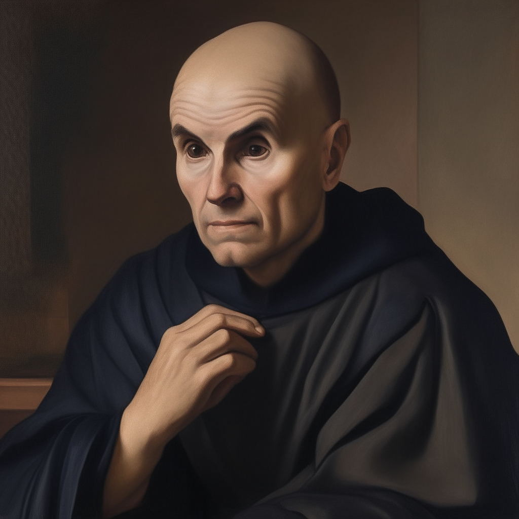 a portrait painting of philosopher Johannes Scotus in a thoughtful pose