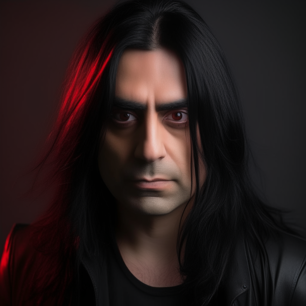 waist up picture of man with red eyes facing camera long black hair

