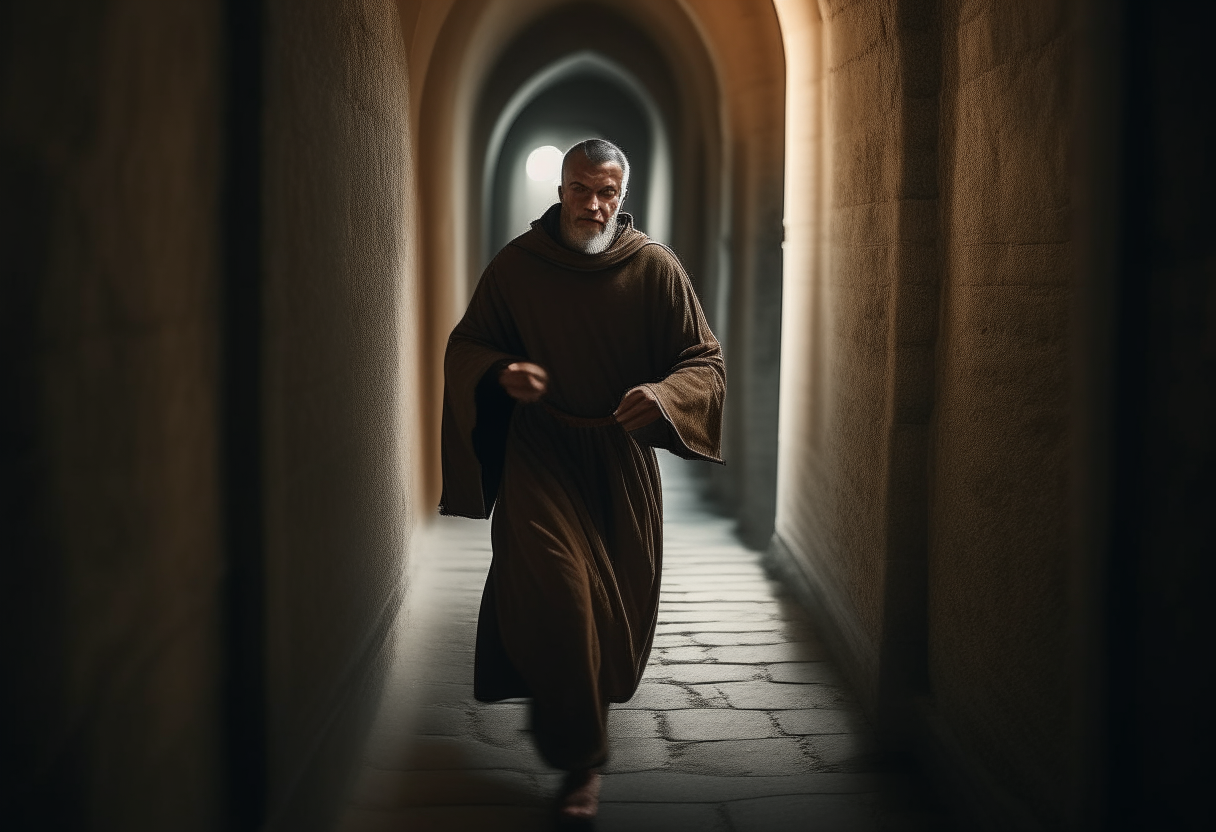 Johannes Scotus with a worried expression, running down a stone corridor, dramatic lighting, depth of field, cinematic style