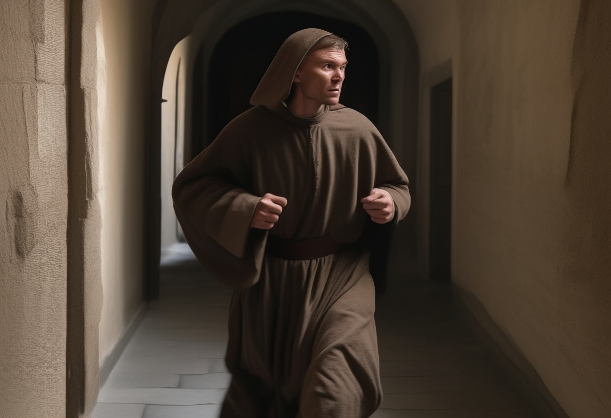 Johannes Scotus looking worried, running down a stone corridor to escape persecution