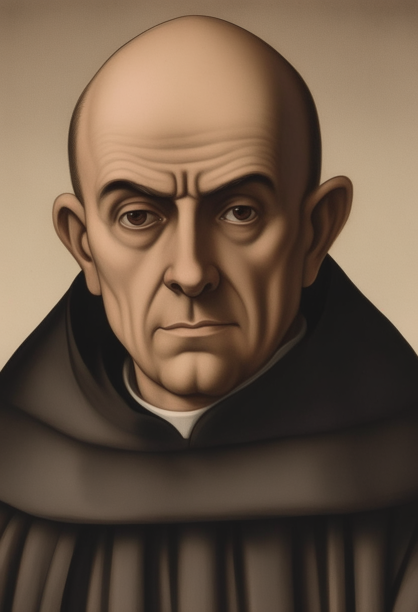 Portrait of Johannes Scotus with a serious expression, against a neutral background