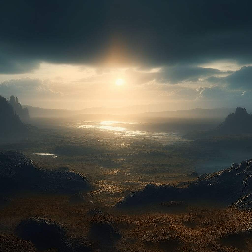 An epic wide landscape shot of a pantheistic world, cinematic lighting and atmosphere