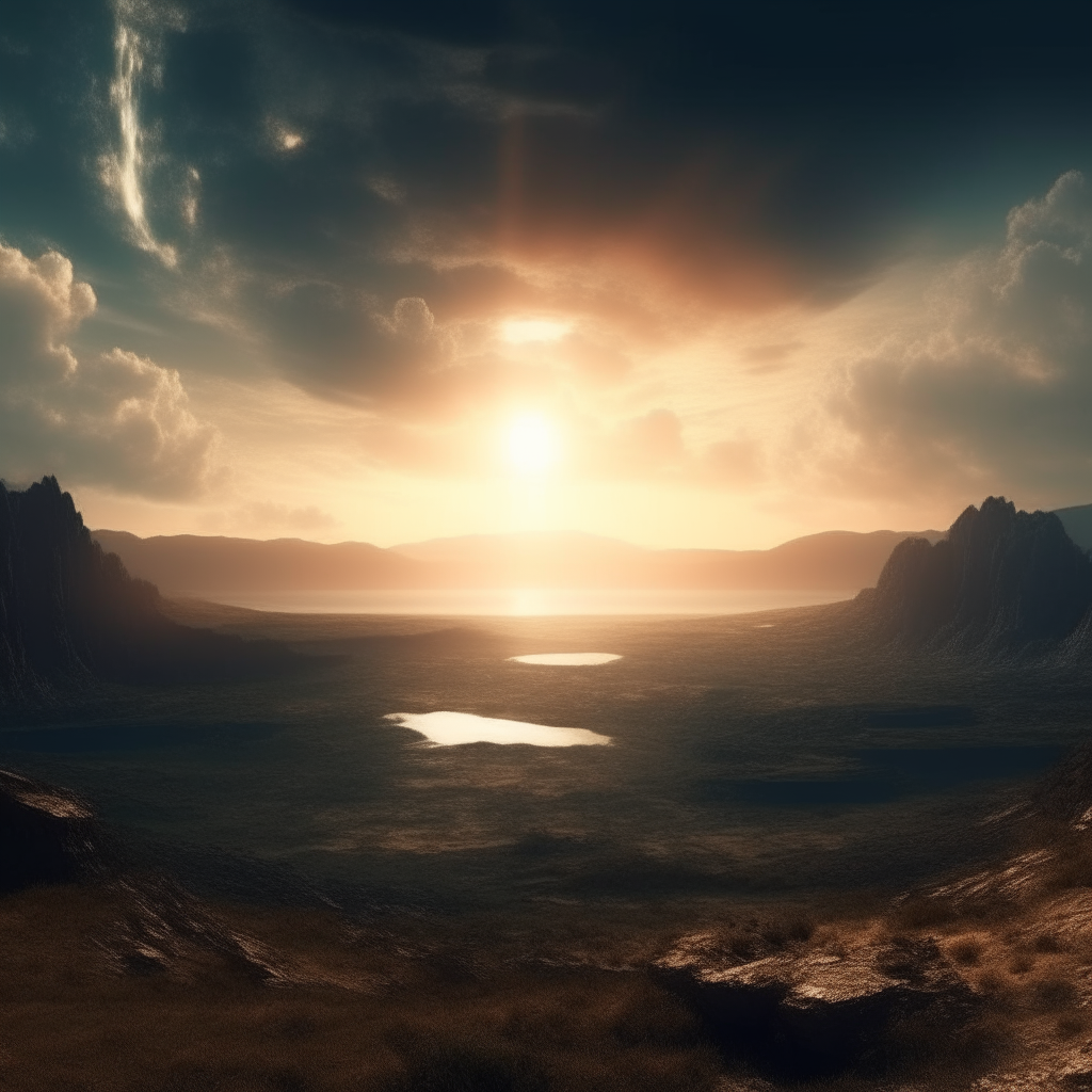 An epic wide landscape view of a pantheistic world where God and the Universe are identical, cinematic lighting and atmosphere