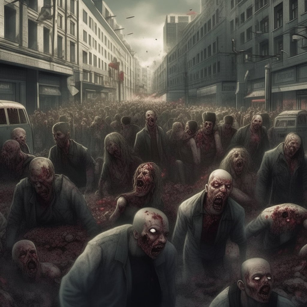 Una ciudad llena de zombies luchando y matándose entre ellos