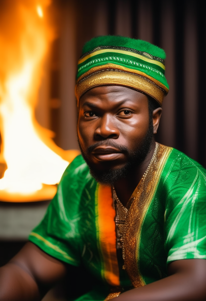 Nigerian Igbo Man on Traditional Attire with green flames around him 