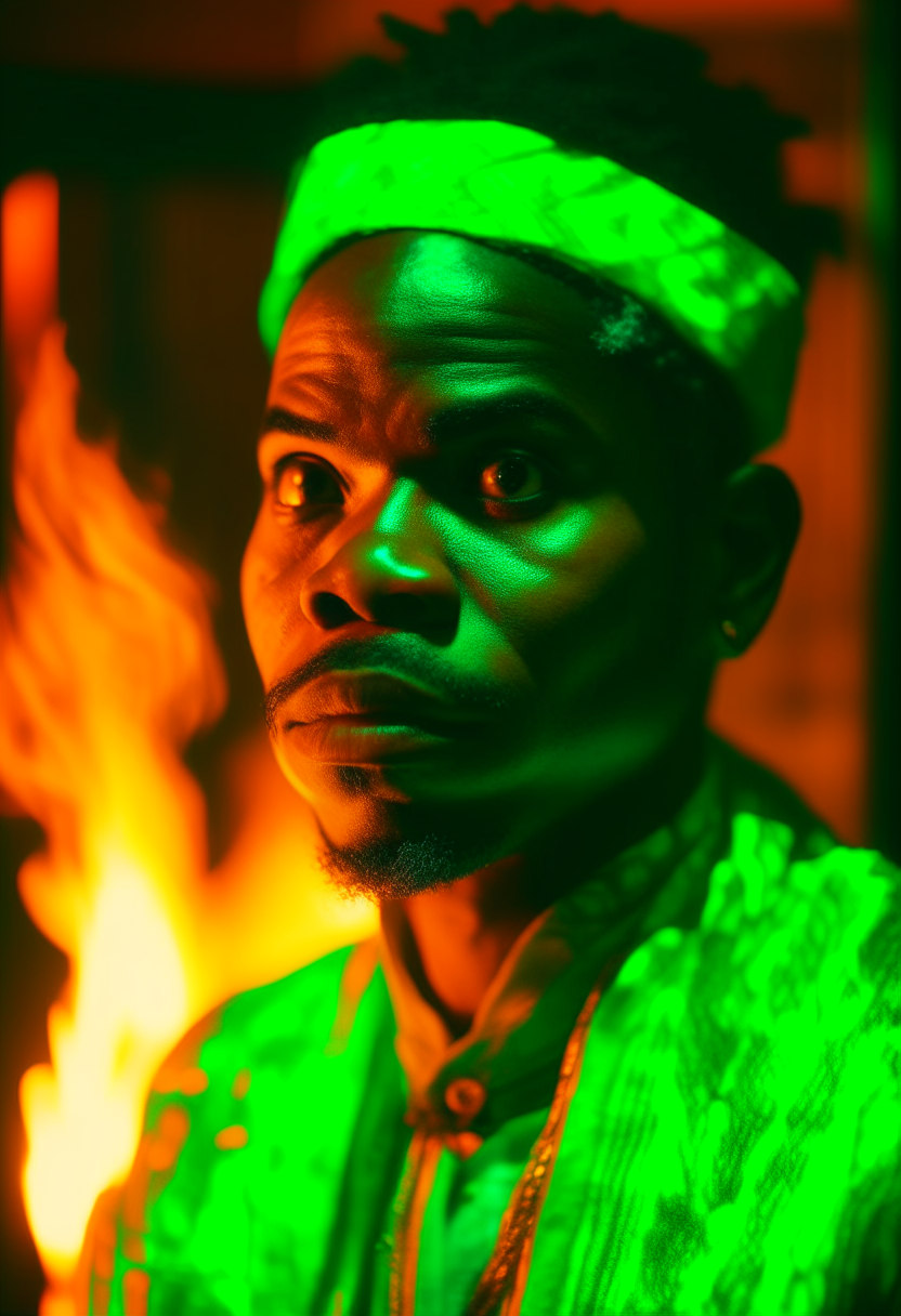 Nigerian Igbo Man on Traditional Attire with green flames around him 