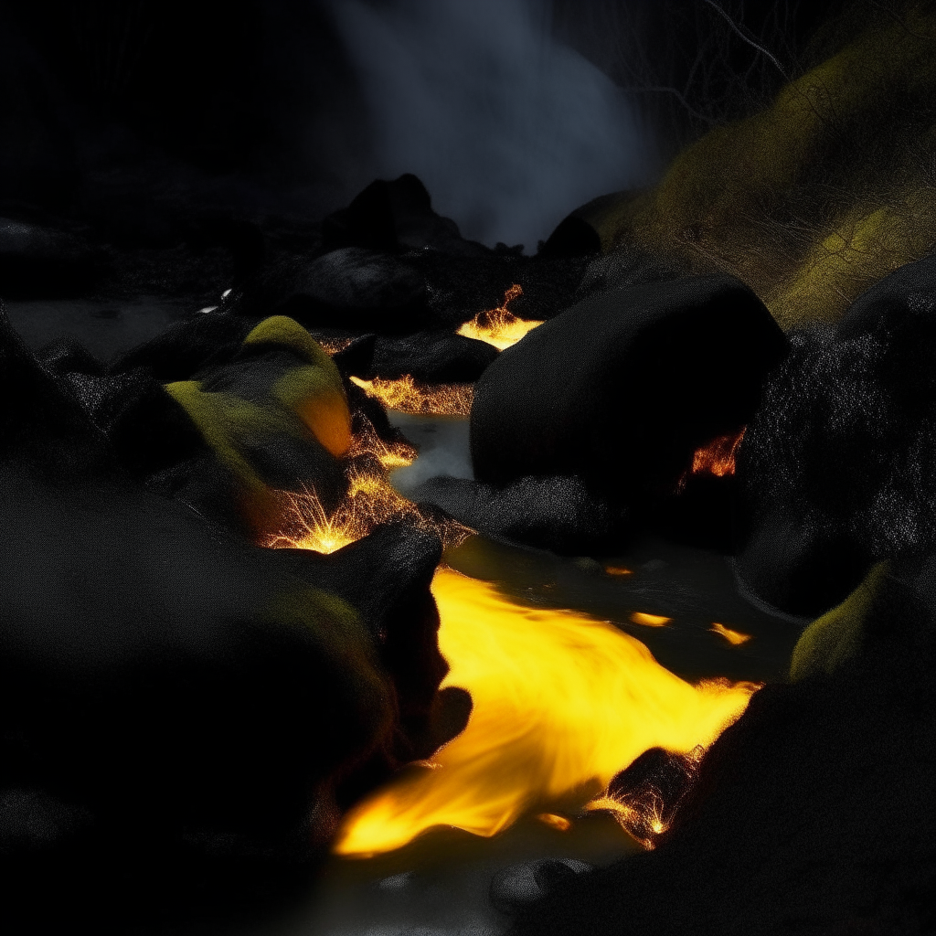 black flames with glowing yellow streaks, beside a mossy rocky pit under the starlight