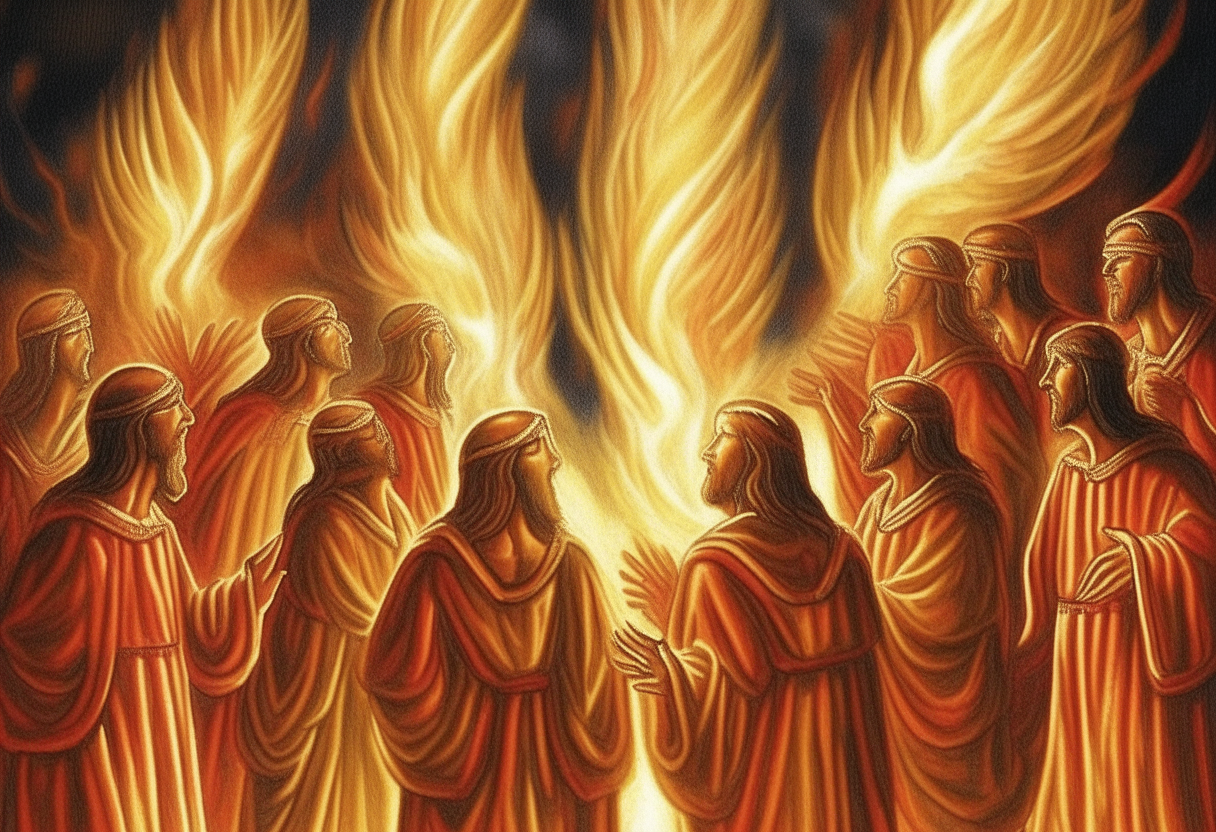 The Holy Spirit descended upon the disciples in the form of tongues of fire.