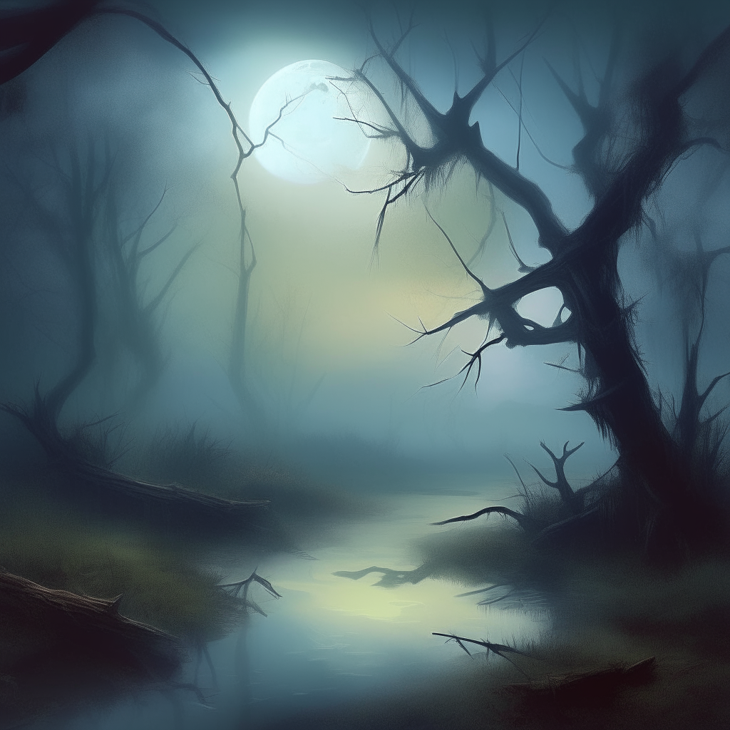 an eerie moonlit swamp scene with gnarled trees and mist, digital art painting