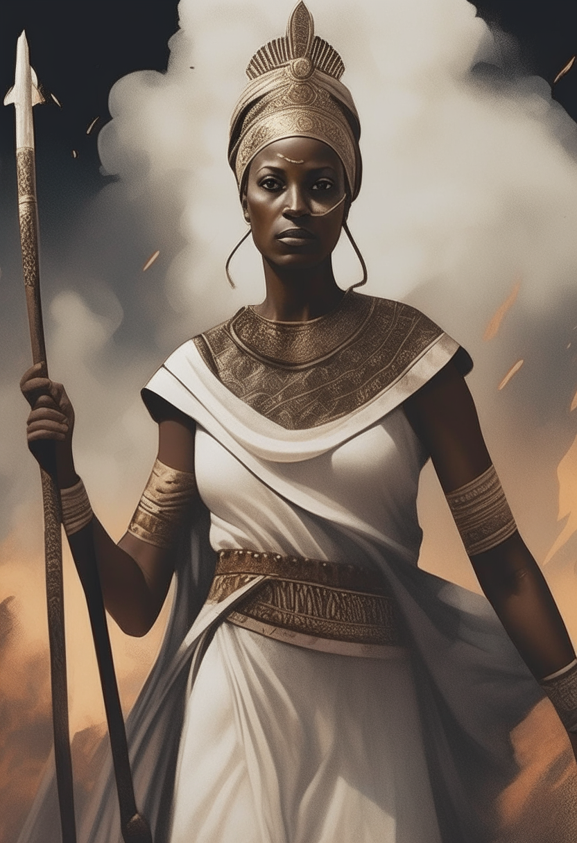 Queen Amina holding a spear and shield with white smoke around her