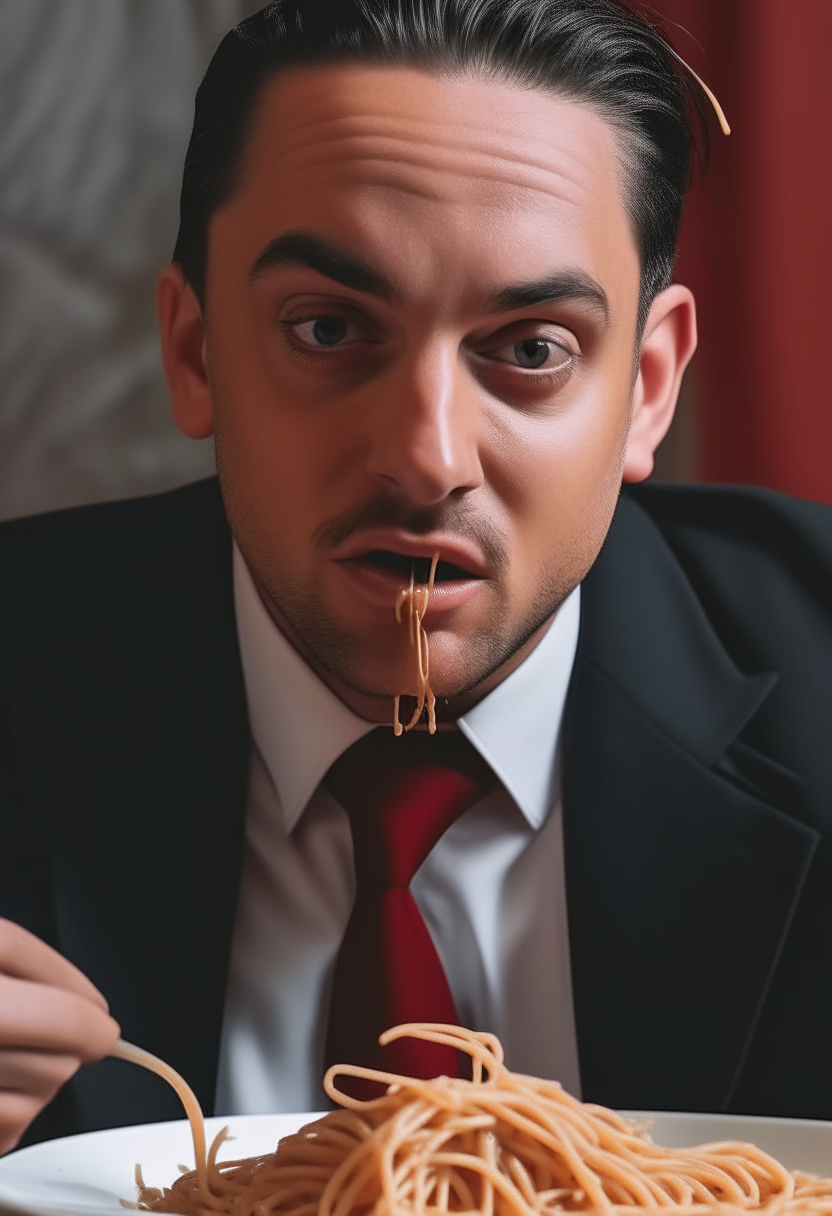 a close up portrait of a man in a suit and tie eating spaghetti with red sauce