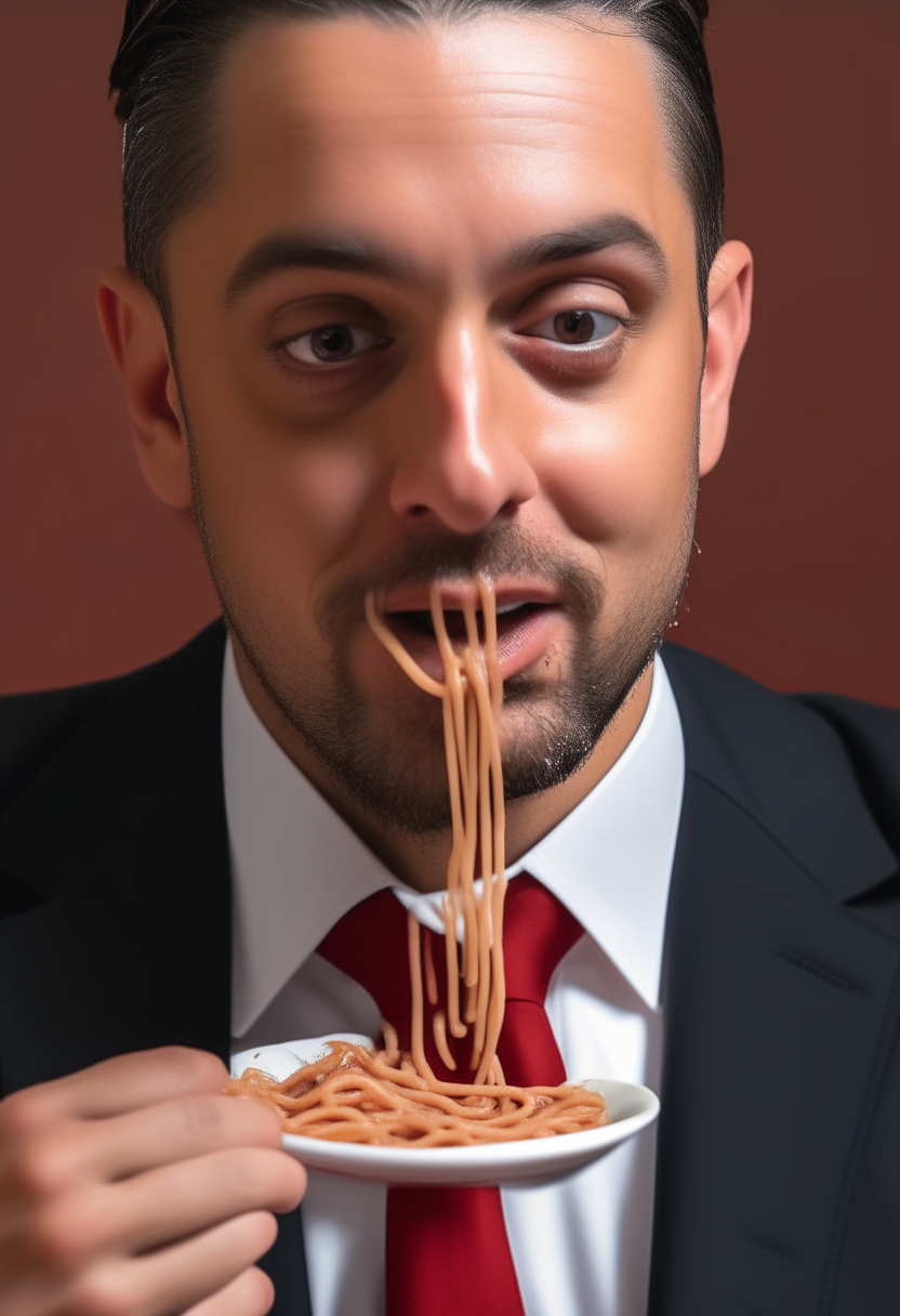 a close up portrait of a man in a suit and tie slurping a strand of spaghetti with red sauce