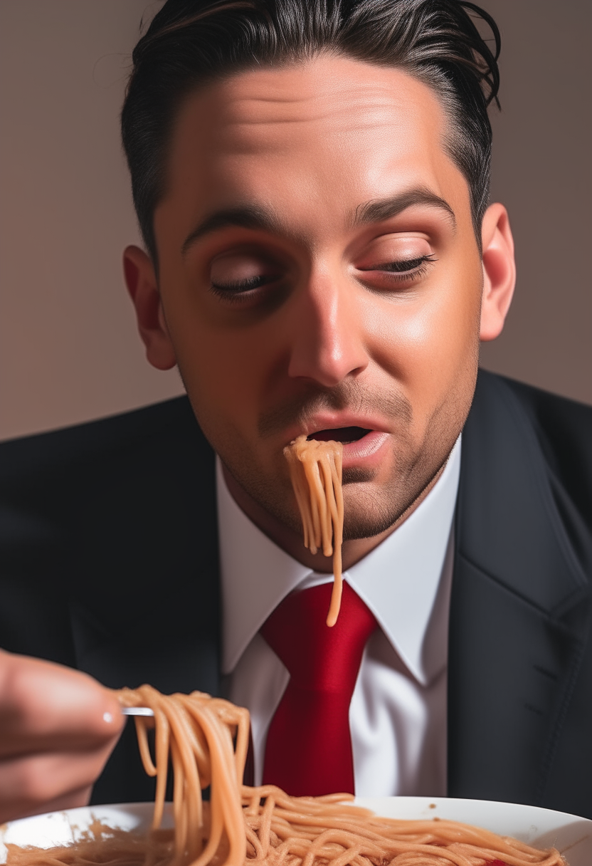 a close up portrait of a man in a suit and tie taking a bite of spaghetti with red sauce