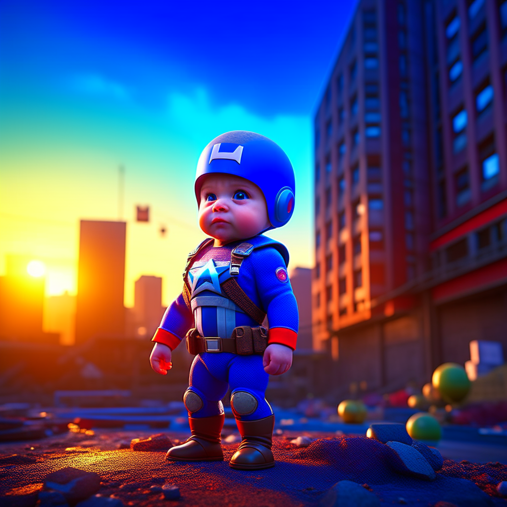 baby captain America, caricature style captain America as a 2 year old baby Against the background of a destroyed bright city with realistic clouds, cartoon, small, tiny superman, cute, fat and small, creative, illustration, super detailed, intricate, very detailed, 4k resolution, realistic, rim lights, cinematic lighting, baby captain America, 3d, big head, ArtStation