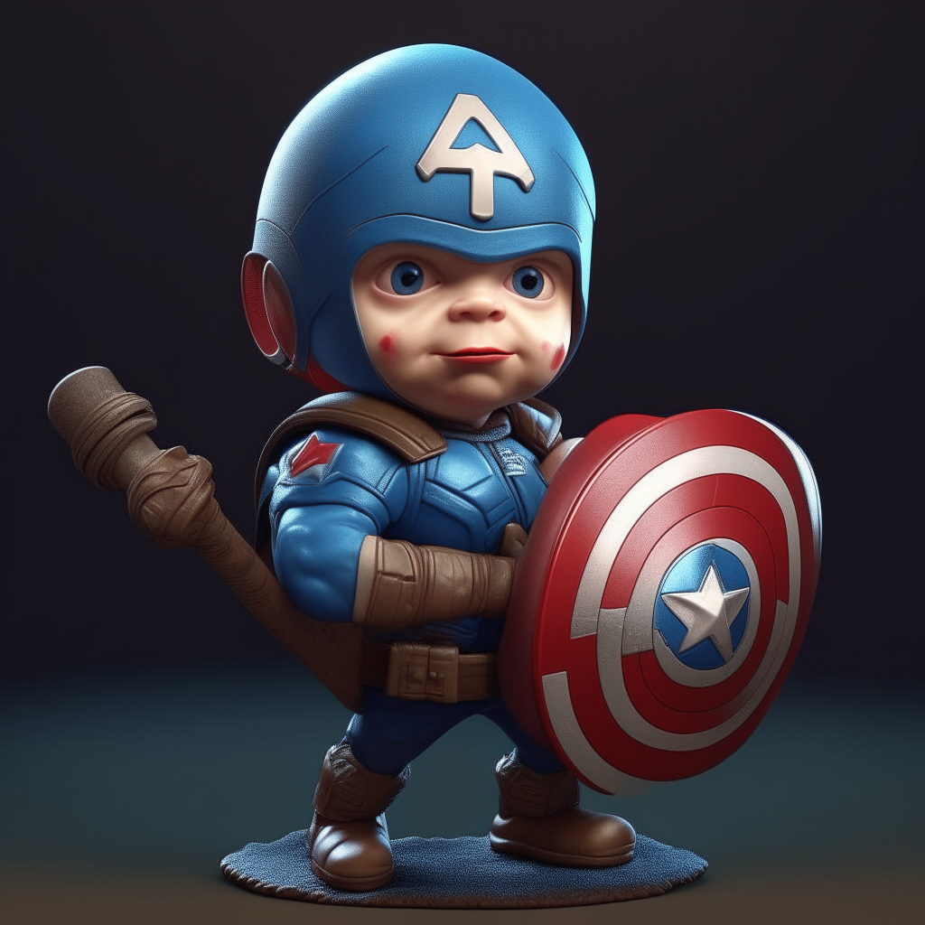 baby captain America with shield and hammer, caricature style captain America as a 2 year old baby, cartoon, small, tiny captain America, cute, fat and small, creative, illustration, super detailed, intricate, very detailed, 4k resolution, realistic, rim lights, cinematic lighting, baby captain America, 3d, big head