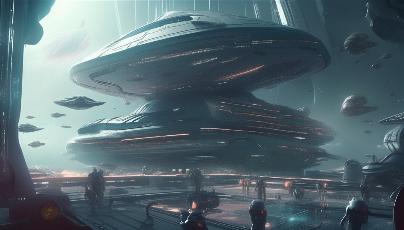 a futuristic sci-fi scene with spaceships and aliens