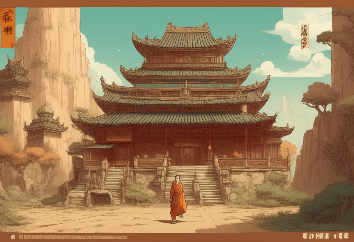 ancient Chinese monastries,, full body, action pose, pro vector, high detail, rendered in the style of Studio Ghibli.