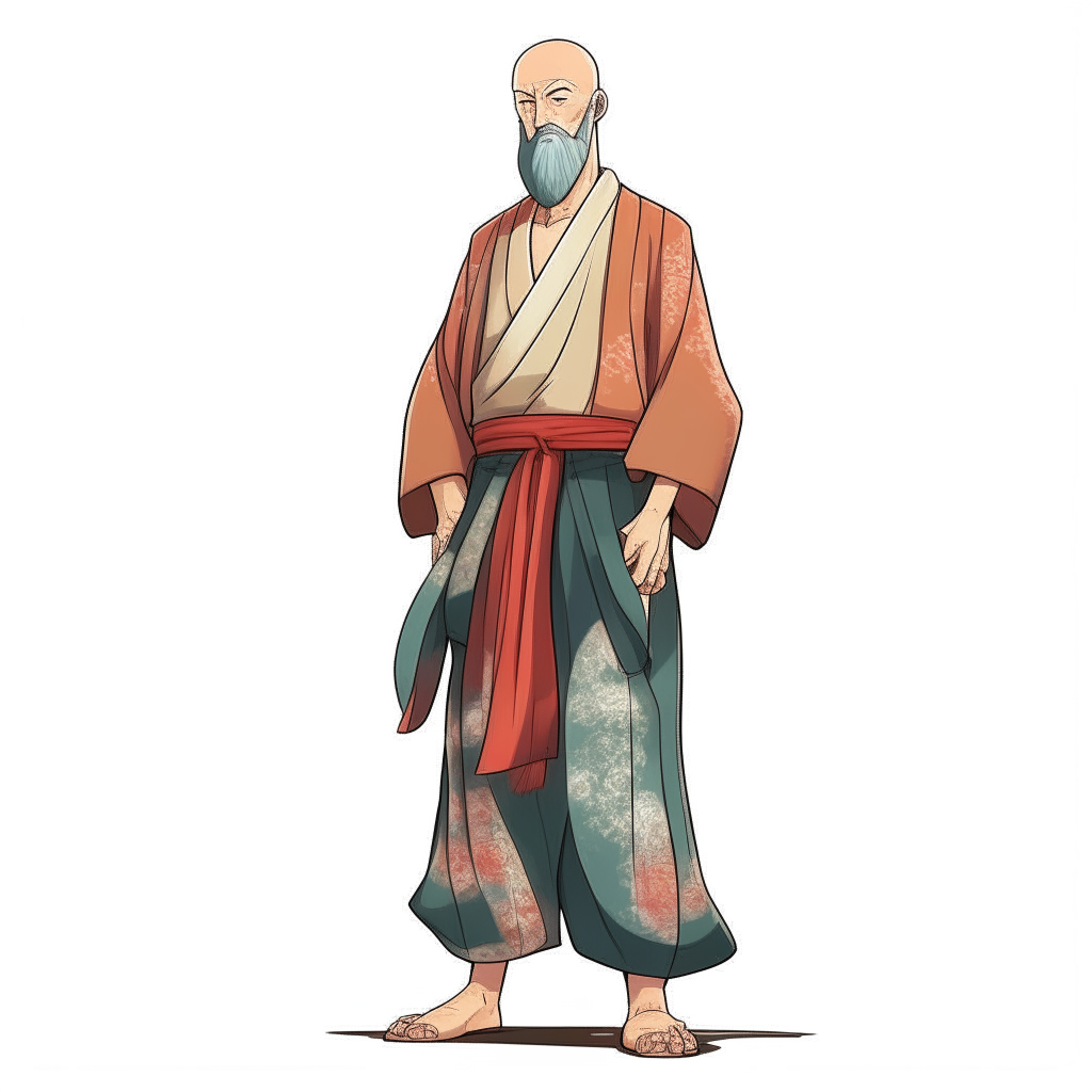 Illustration of bald circle bearded man wearing hanfu with no shirt, full body, normal expression, full body anime art, Pro Vector, high quality, ultra realistic 