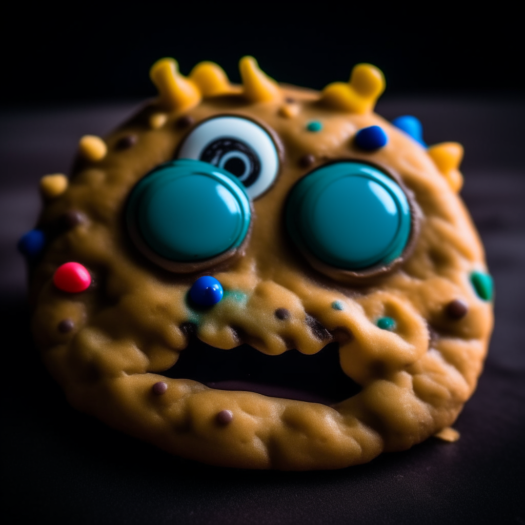 Close up of a funny M&M monster cookie with googly eyes. The lighting is perfectly diffused with no shadows. Every silly detail is in razor sharp focus.