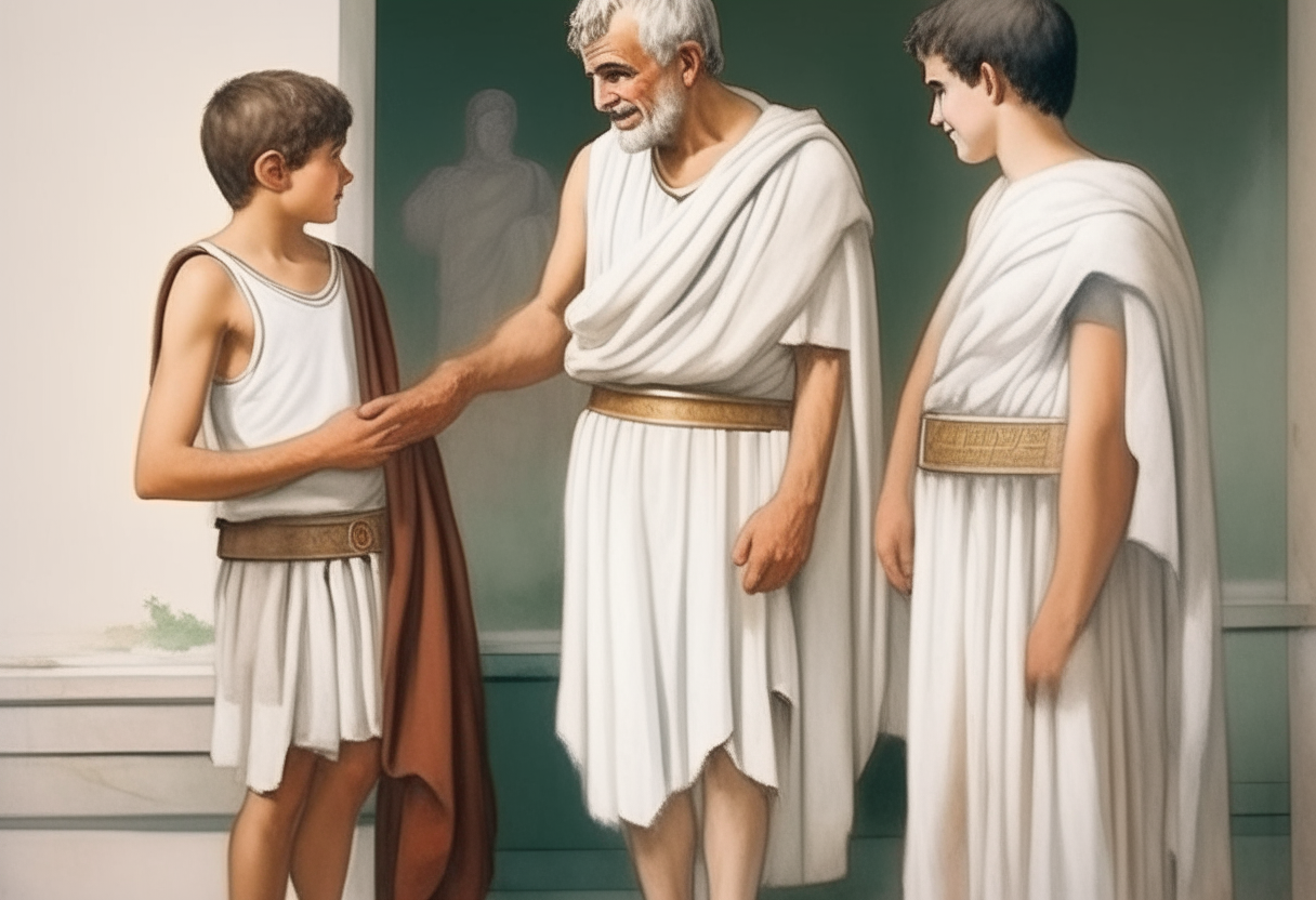 two ancient roman men with a boy meet a teacher in white toga
