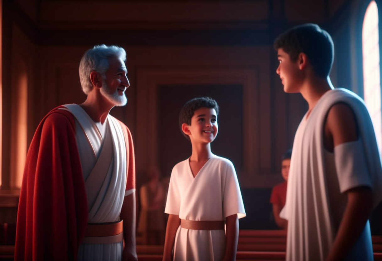 two ancient roman men with a boy meet a teacher in white toga
