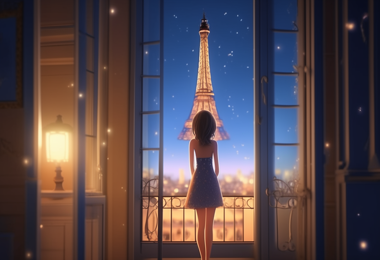 a young, slender girl walks across the room to the open window, the Eiffel Tower is visible in the window. Magical fireflies are circling around the Tower. Bokeh effect, style - 3D cartoon. Focus on the girl, camera zoom, parallax, perfect depth.