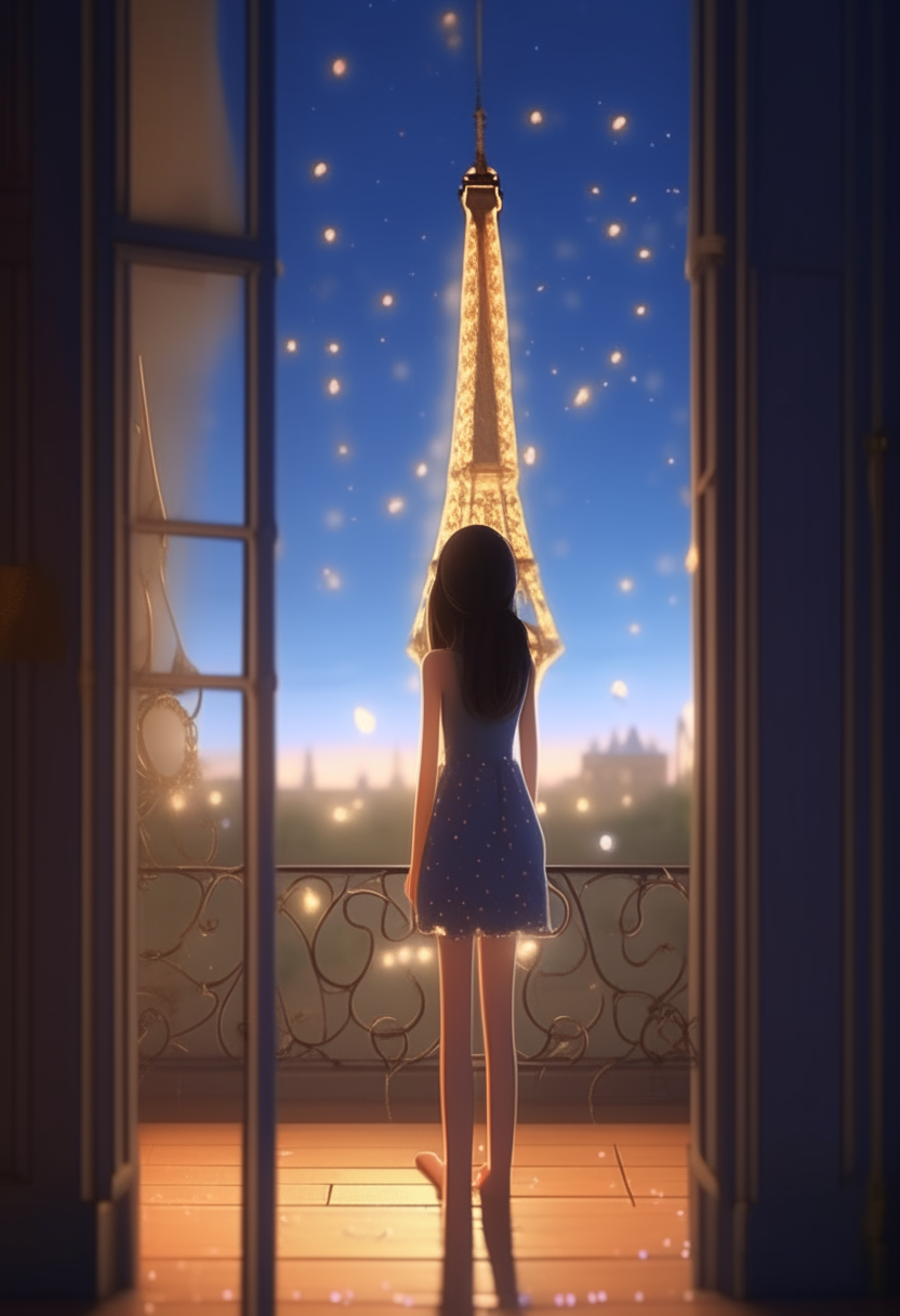 a young, slender girl walks across the room to the open window, the Eiffel Tower is visible in the window. Magical fireflies are circling around the Tower. Bokeh effect, style - 3D cartoon. Focus on the girl, camera zoom, parallax, perfect depth.