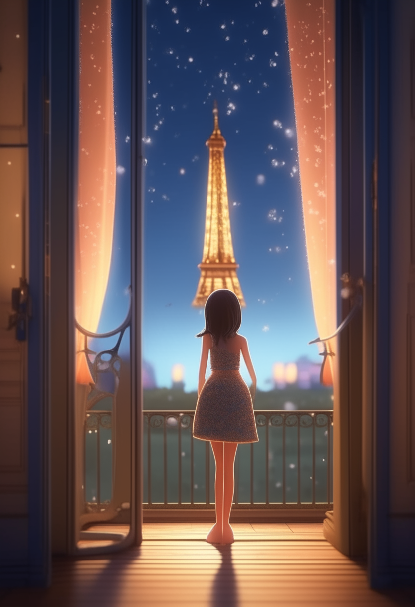 a young, slender girl walks across the room to the open window, the Eiffel Tower is visible in the window on left. Magical fireflies are circling around the Tower. Bokeh effect, style - 3D cartoon. Focus on the girl, camera zoom, parallax, perfect depth.