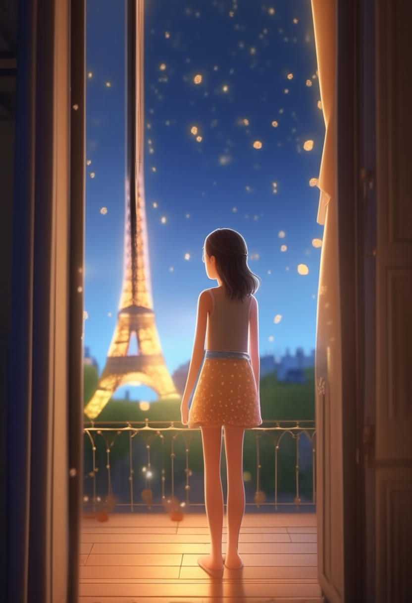 a young, slender girl walks across the room to the open window, the Eiffel Tower is visible in the window (to the left of the girl). Magical fireflies are circling around the Tower. Bokeh effect, style - 3D cartoon. Focus on the girl, camera zoom, parallax, perfect depth.