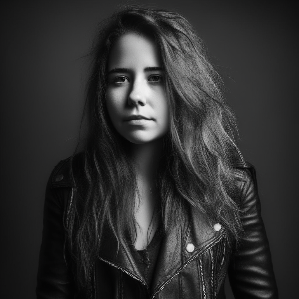 Black and white portrait of beautiful girl with long messy hair and stunning black leather jacket, stunning, no background
