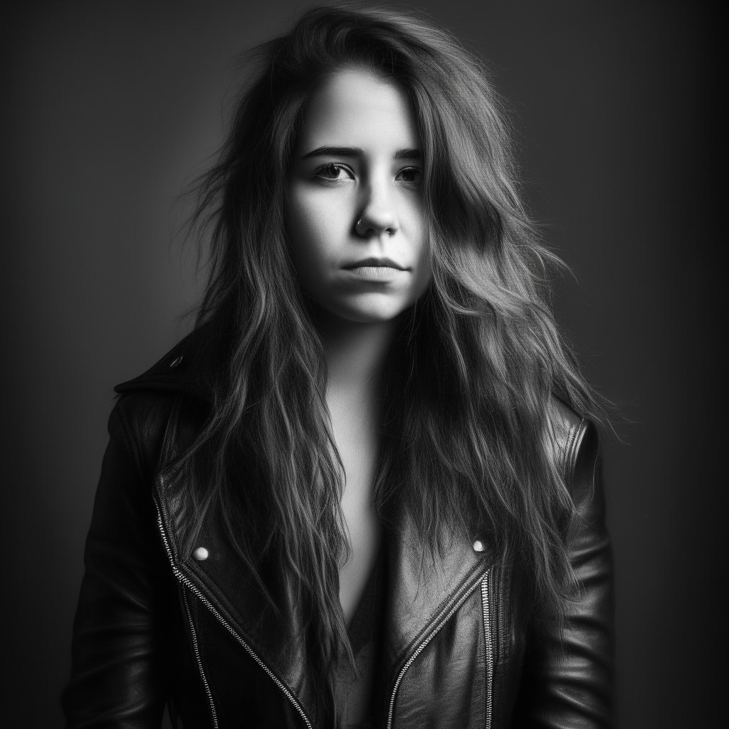 Black and white portrait of beautiful girl with long messy hair and stunning black leather jacket, stunning, no background