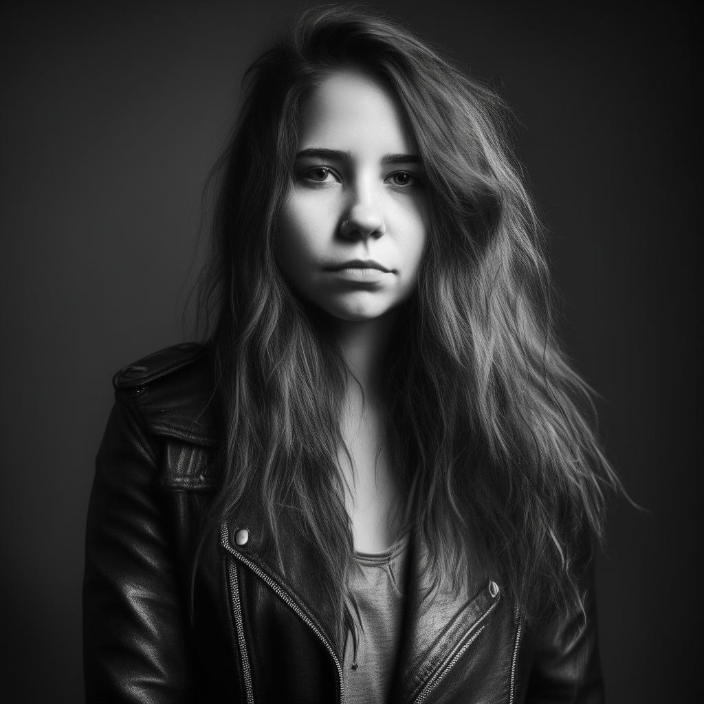 Black and white portrait of beautiful girl with long messy hair and stunning black leather jacket, stunning, no background