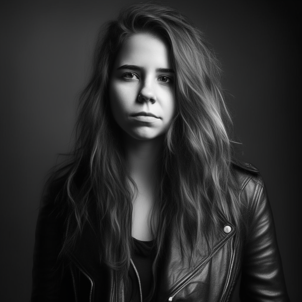 Black and white portrait of beautiful girl with long messy hair and stunning black leather jacket, stunning, no background