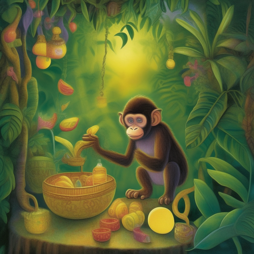 Mischievous Monkey+Enchanted Jungle+Twilight Glow+Banana treasure hunt+Style of Beatrix Potter+Vibrant, Dreamy, Detailed