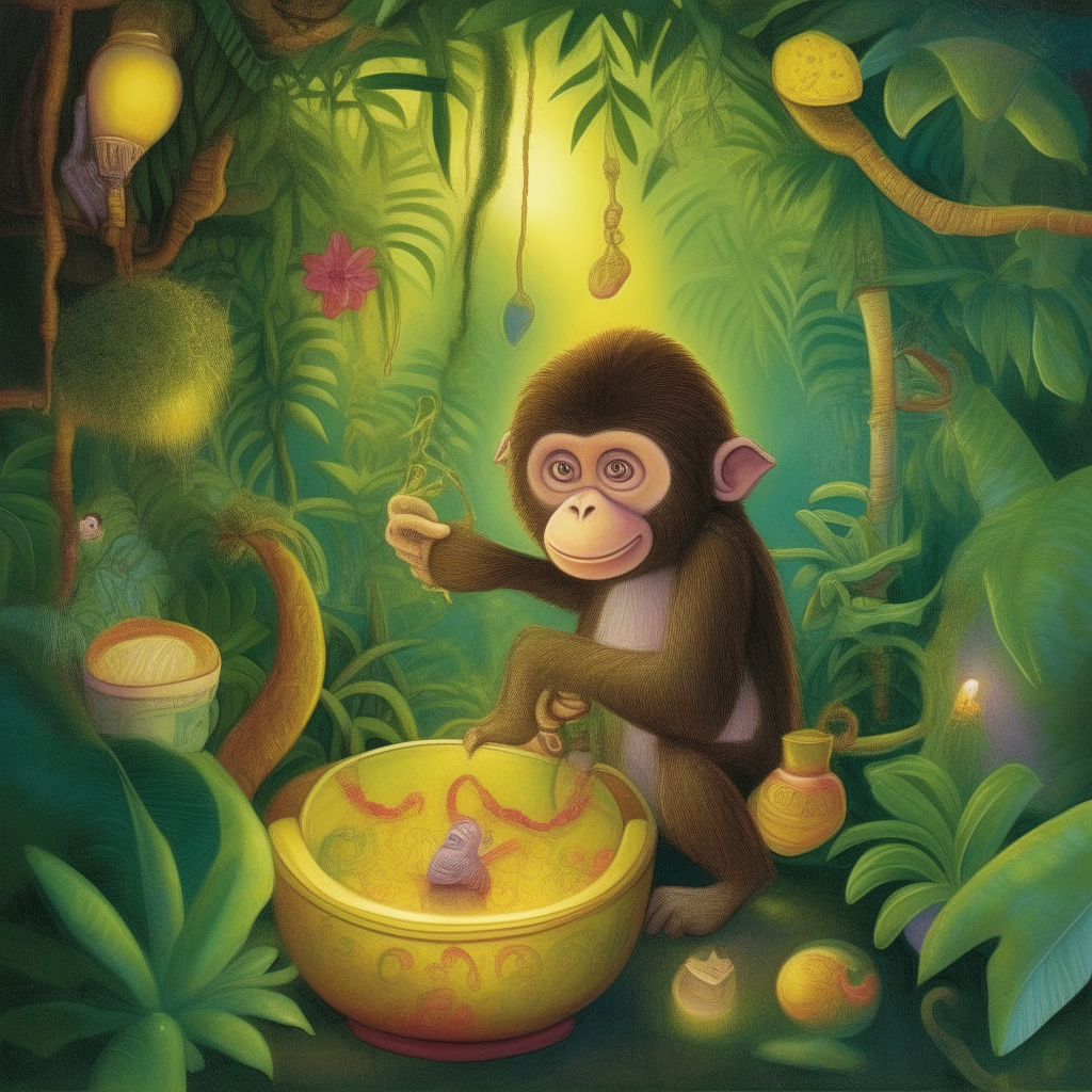 Mischievous Monkey+Enchanted Jungle+Twilight Glow+Banana treasure hunt+Style of Beatrix Potter+Vibrant, Dreamy, Detailed
