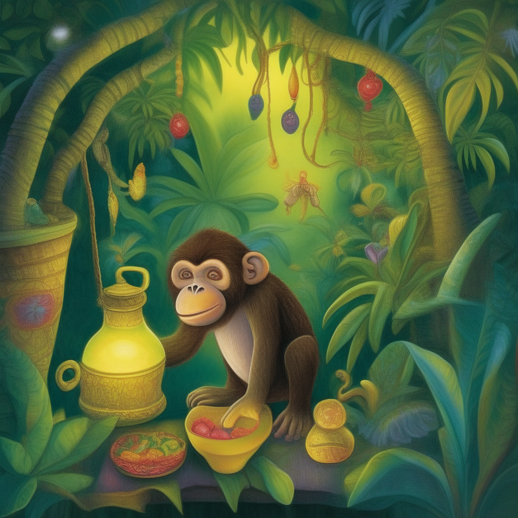 Mischievous Monkey+Enchanted Jungle+Twilight Glow+Banana treasure hunt+Style of Beatrix Potter+Vibrant, Dreamy, Detailed