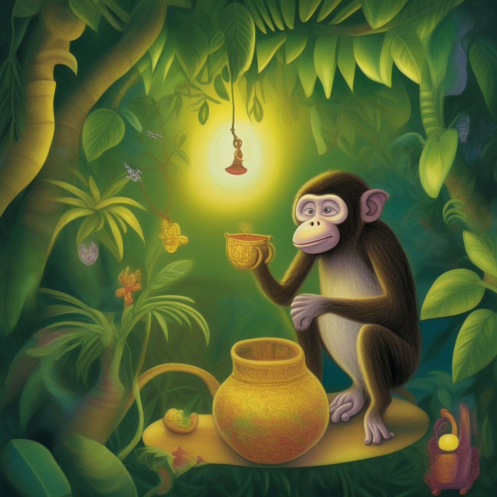 Mischievous Monkey+Enchanted Jungle+Twilight Glow+Banana treasure hunt+Style of Beatrix Potter+Vibrant, Dreamy, Detailed