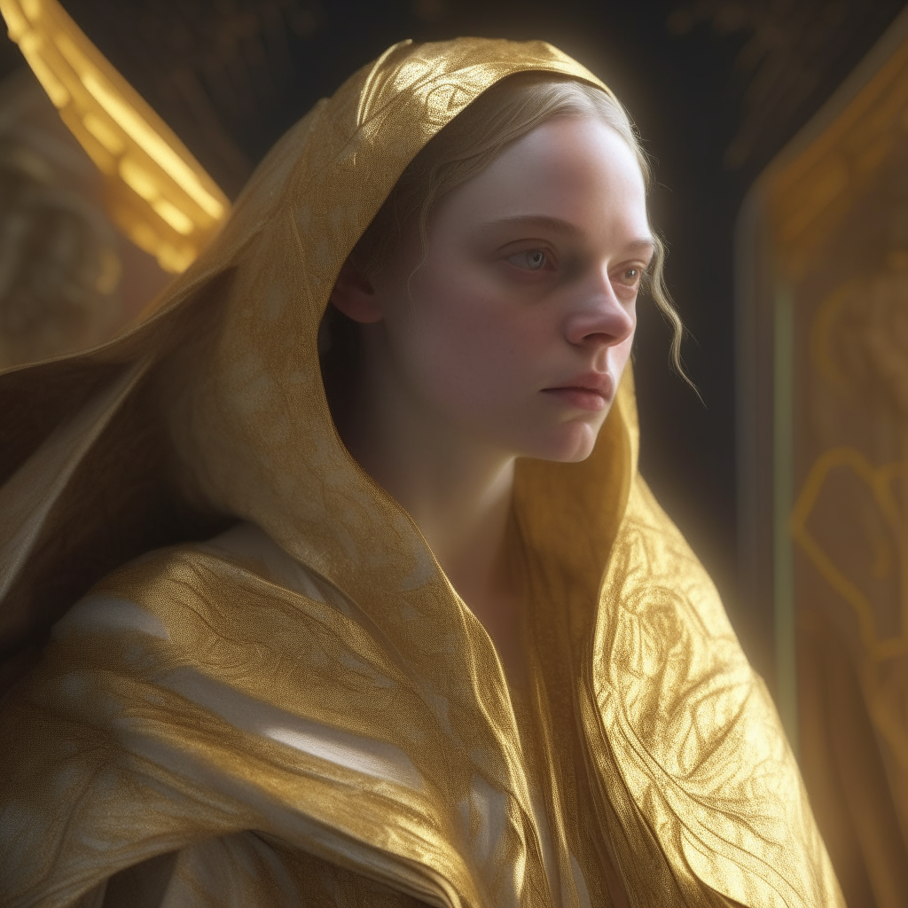 hyper realism, beautiful, photo realistic, detailed, girl like Alex Garland, Wearing the Sagittarius Gold Sacred Robe, ultra detailed, highly detailed, art nouveau, photorealistic, cinematic, 8k --ar 9:16