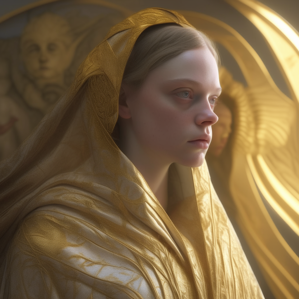 hyper realism, beautiful, photo realistic, detailed, girl like Alex Garland, Wearing the Sagittarius Gold Sacred Robe, ultra detailed, highly detailed, art nouveau, photorealistic, cinematic, 8k --ar 9:16