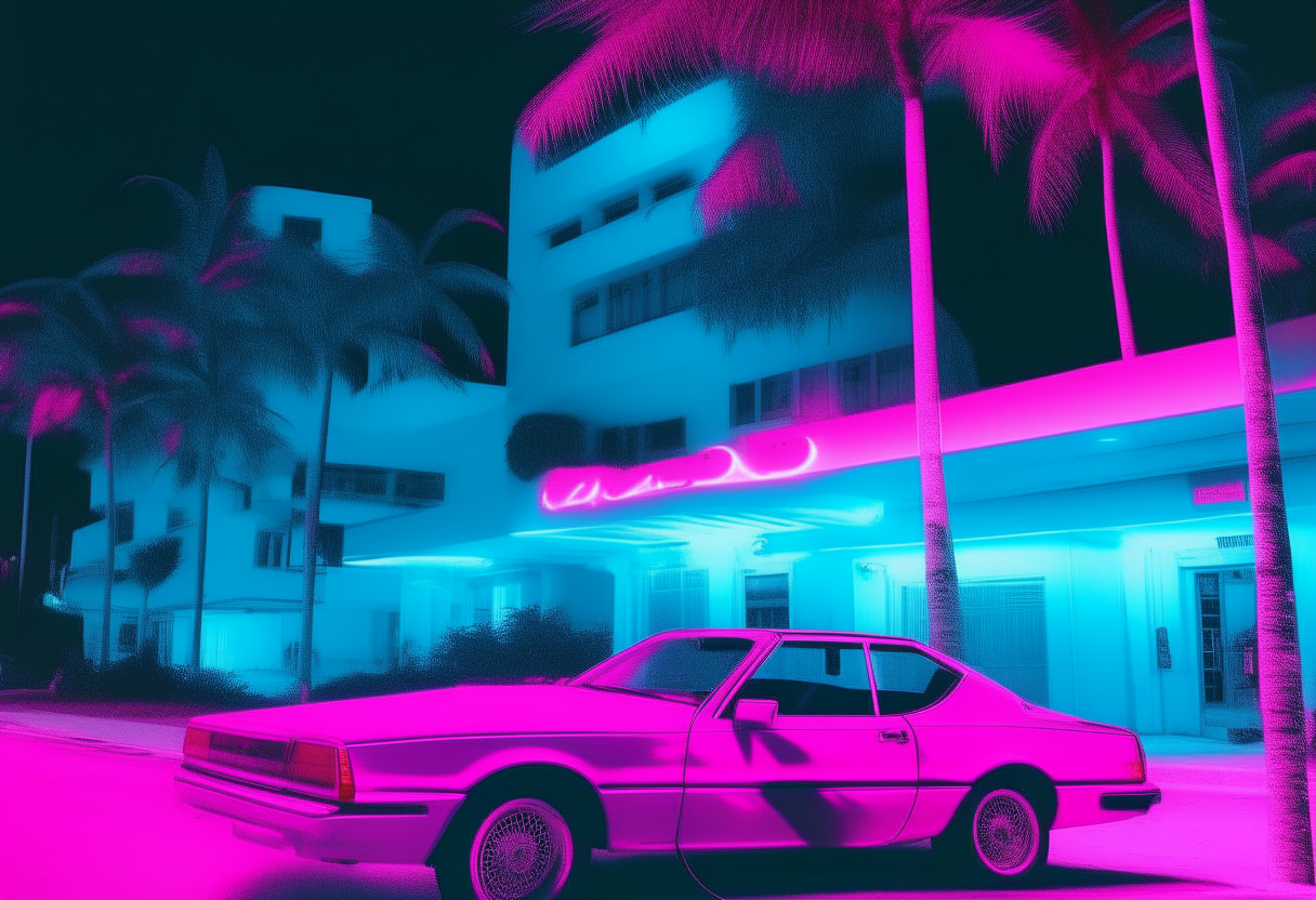 Create video driving in miami beach night 1984. color imagem neon pink and blue
