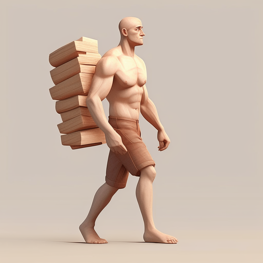 Illustration a bald man carrying wood, with no shirt on, straight posture, looking confident, full body, 3D Pro Vector art, high quality, anime art, ultra realistic