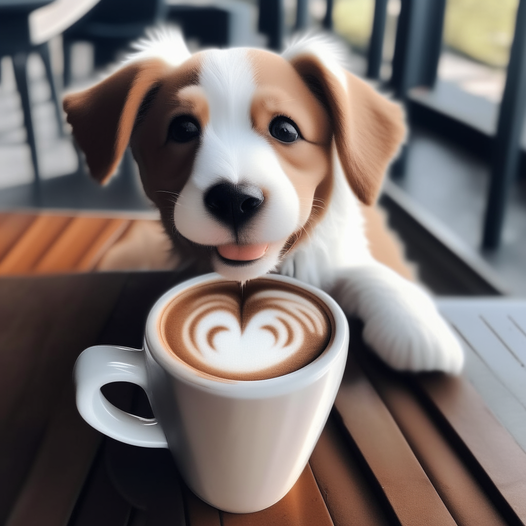 a happy puppy drinking a latte with heart-shaped foam art