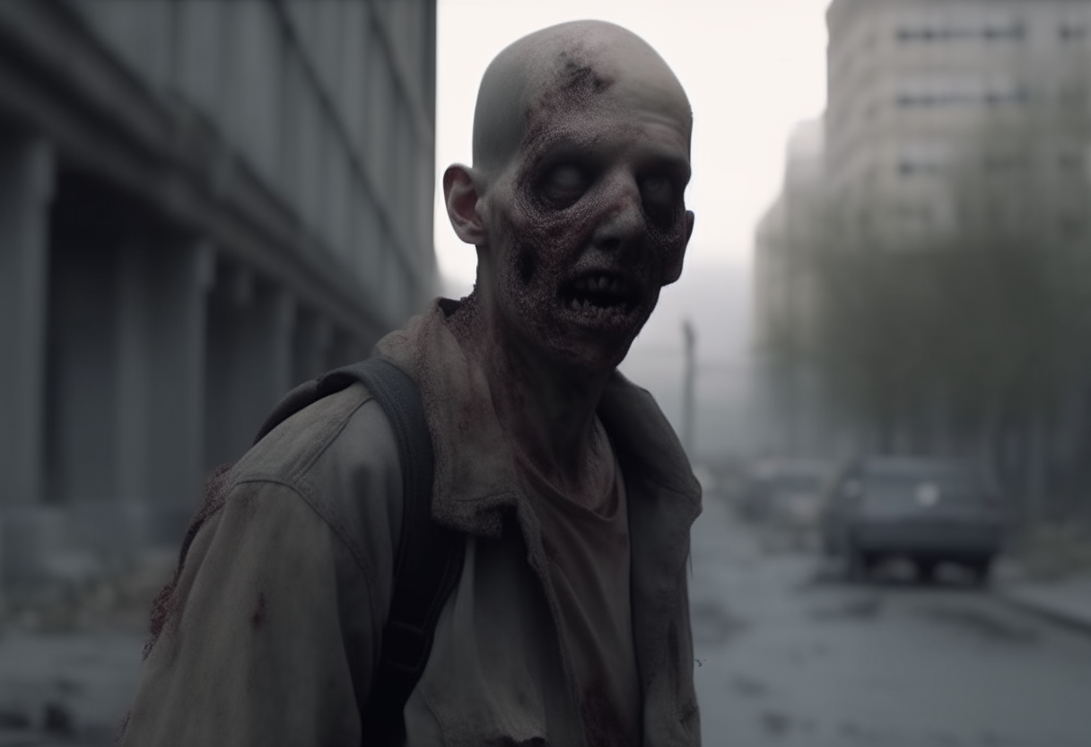 Un hombre zombie caminando por una ciudad destruida y matando gente, imagen hiperrealista en 4K