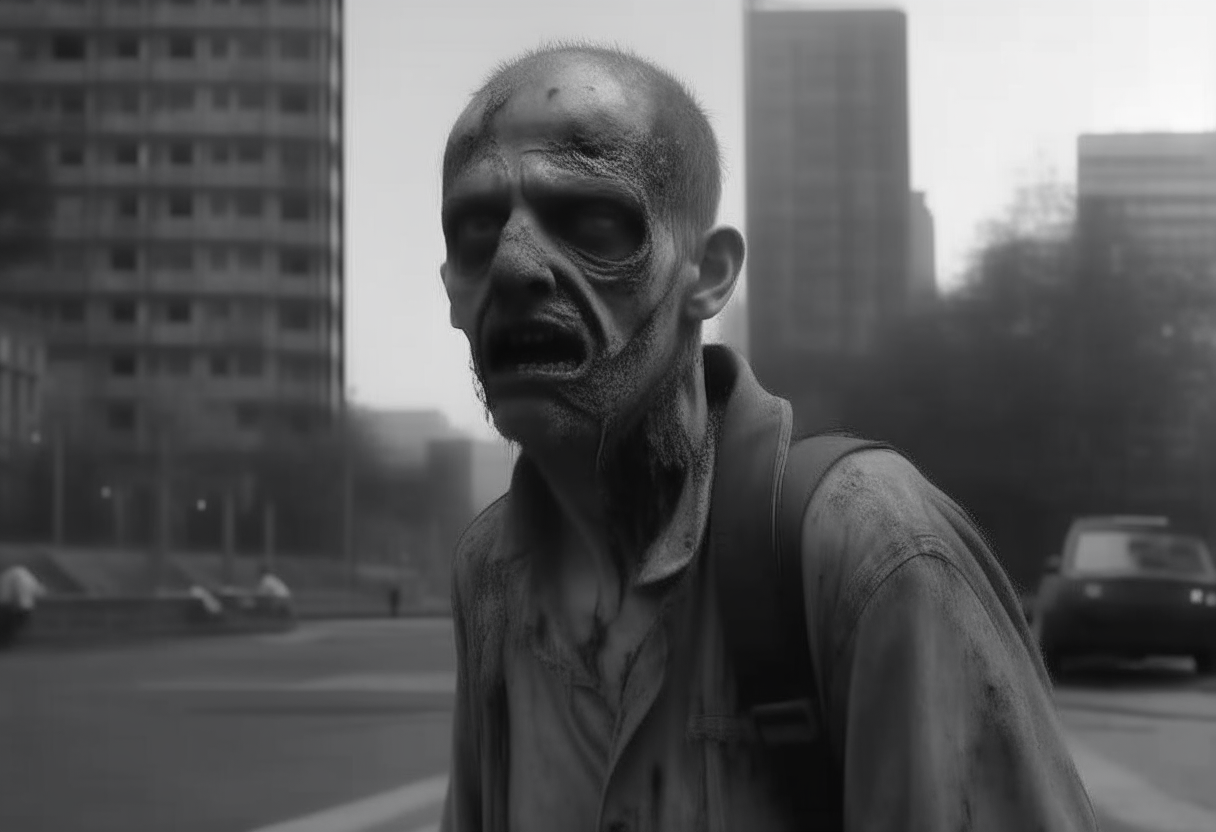 Un hombre zombie caminando por una ciudad destruida y matando gente, imagen hiperrealista en 4K, utilizando la estética en blanco y negro de la imagen 2